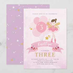 Sweet Pink & Gold Ballerina Fairy Birthday Invitation