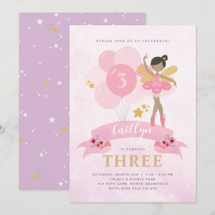Sweet Pink & Gold Ballerina Fairy Birthday Invitation