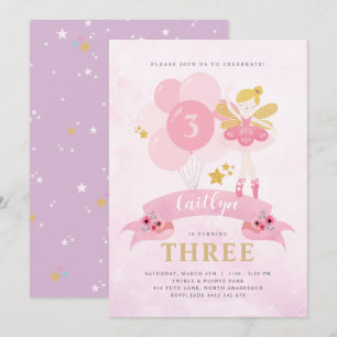Sweet Pink & Gold Ballerina Fairy Birthday Invitation