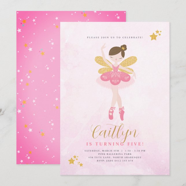 Sweet Pink & Gold Ballerina Fairy Birthday Invitation (Front/Back)