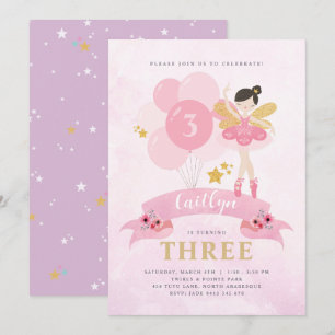 Sweet Pink & Gold Ballerina Fairy Birthday Invitation