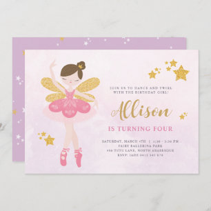 Sweet Pink & Gold Ballerina Fairy Birthday Invitation