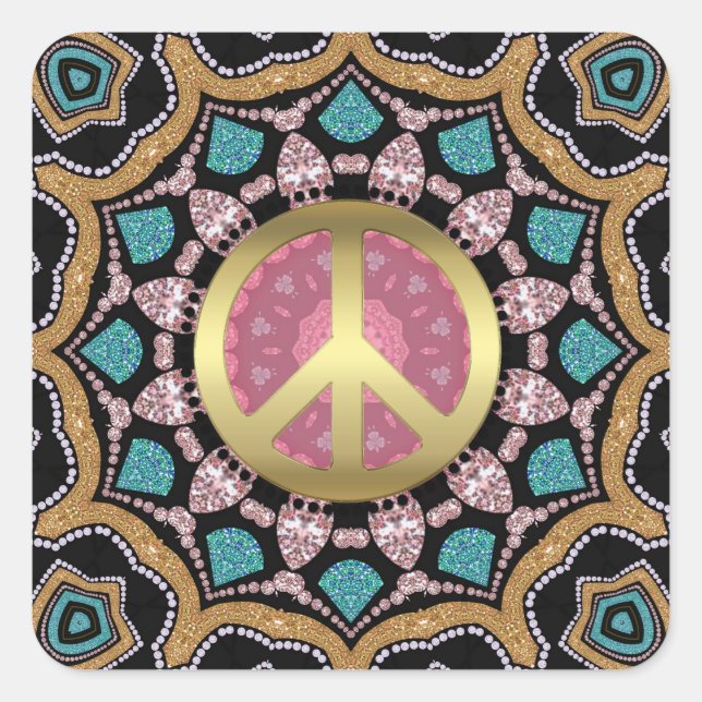 Sweet Pink & Gold Groovy Peace Mandala Energy Gold Square Sticker (Front)