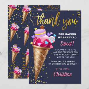 Sweet Pink Gold Ice Cream Birthday Navy Blue Thank You Card
