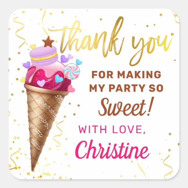 Sweet Pink Gold Ice Cream Birthday Thank You Square Sticker (Front)