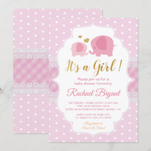 Sweet Pink Gold Lace Elephant Girl Baby Shower Invitation