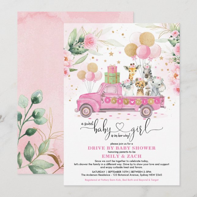 Sweet Pink Gold Safari Animal Drive By Baby Shower Invitation (Front/Back)