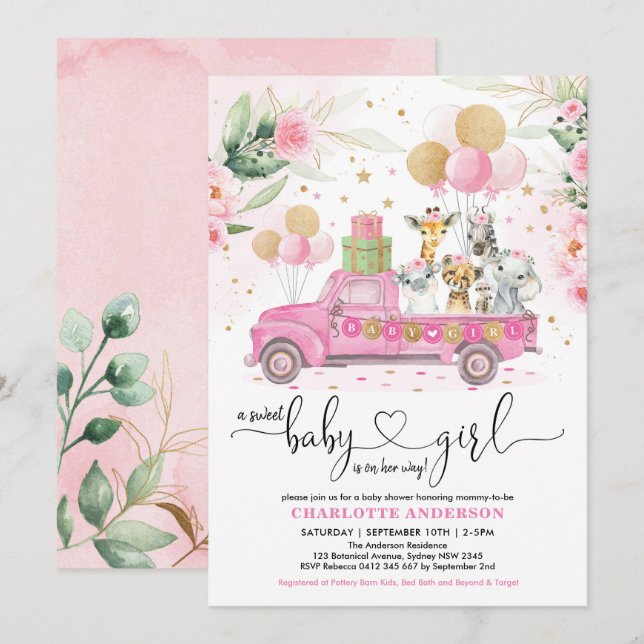 Sweet Pink Gold Safari Animals Girl Baby Shower Invitation (Front/Back)