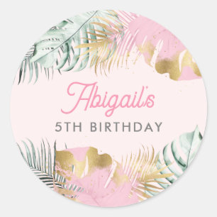 Sweet Pink & Gold Tropical Leaves Birthday Classic Round Sticker