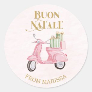 Sweet Pink & Green Italian Christmas Moped Classic Round Sticker