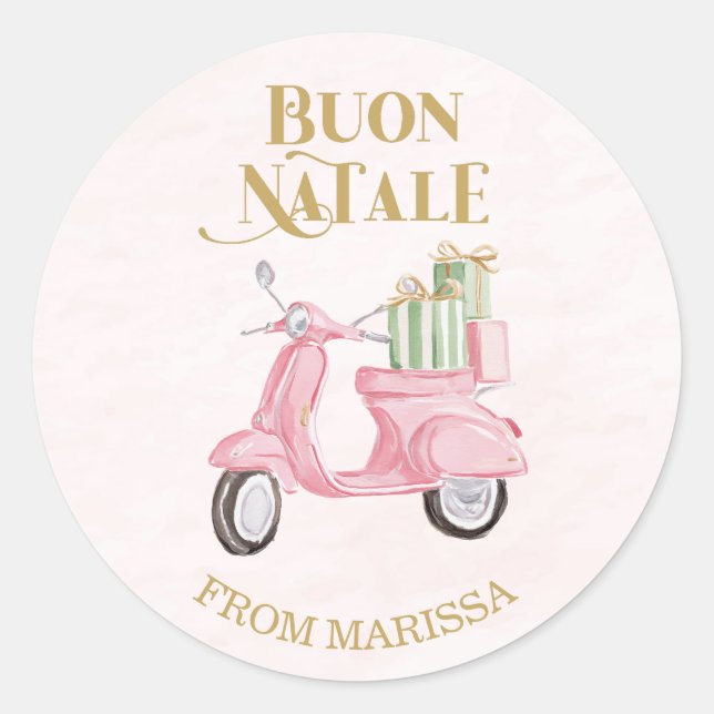 Sweet Pink & Green Italian Christmas Moped Classic Round Sticker (Front)