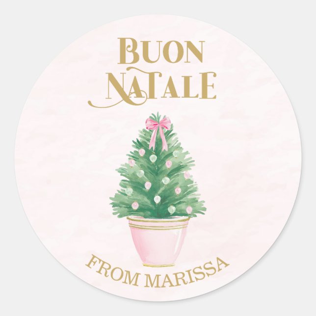 Sweet Pink & Green Italian Christmas Tree Classic Round Sticker (Front)