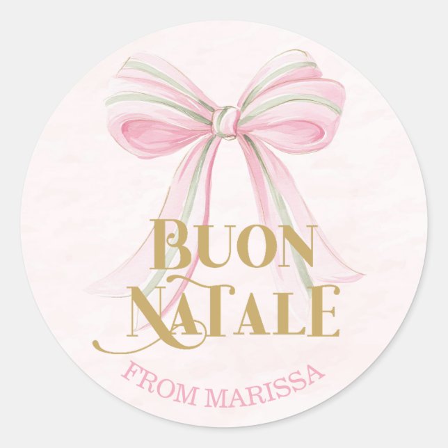 Sweet Pink & Green Italian Coquette Bow Classic Round Sticker (Front)