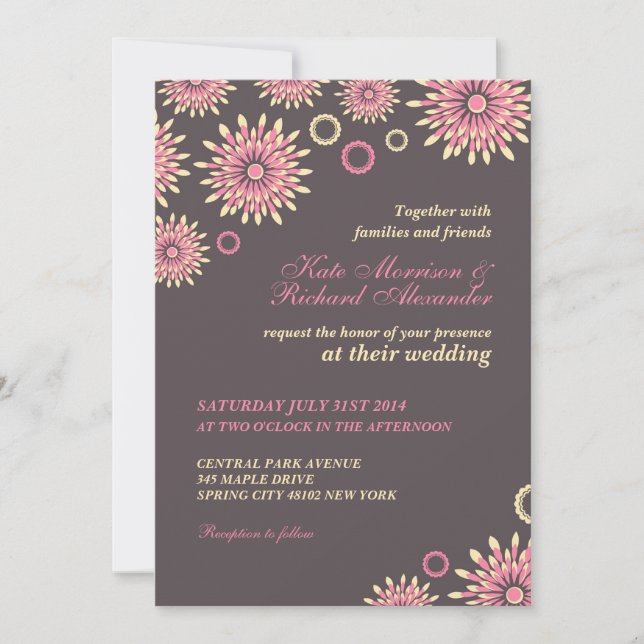 Sweet Pink Grey Floral Pattern Wedding Invitation (Front)