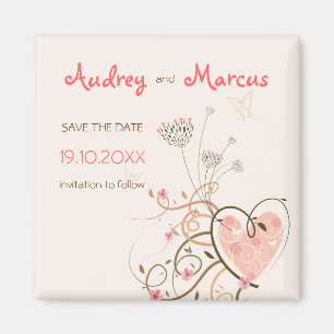 Sweet Pink Heart And Butterfly Swirls Save Date Magnet