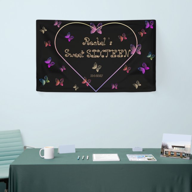 sweet Pink Heart Butterflies Sweet 16 Birthday  Banner (Tradeshow)