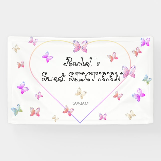sweet Pink Heart Butterflies Sweet 16 Birthday  Banner (Horizontal)
