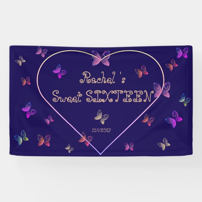 sweet Pink Heart Butterflies Sweet 16 Birthday  Banner (Horizontal)