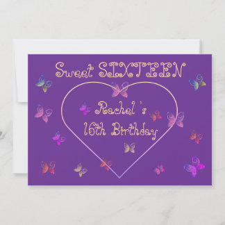 sweet Pink Heart Butterflies Sweet 16 Birthday Invitation