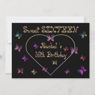 sweet Pink Heart Butterflies Sweet 16 Birthday  Invitation