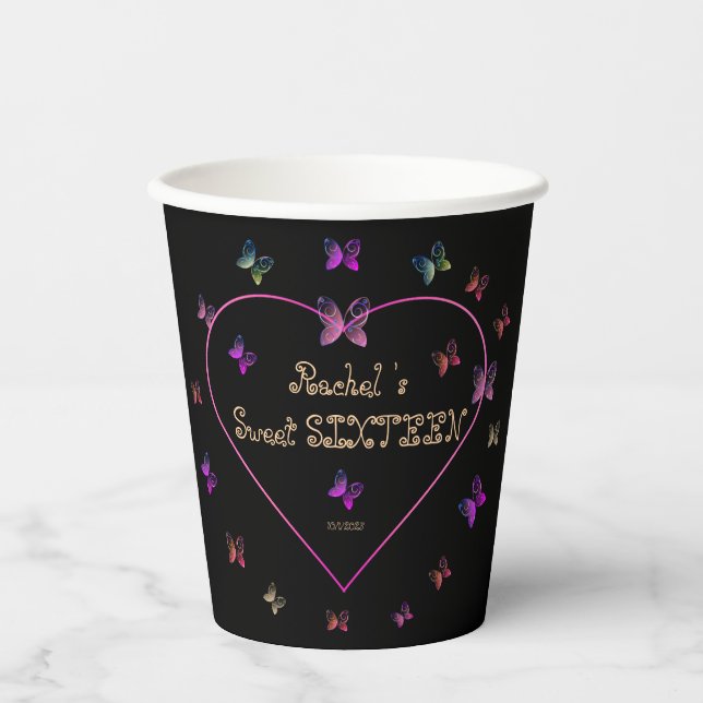 sweet Pink Heart Butterflies Sweet 16 Birthday  Paper Cups (Front)