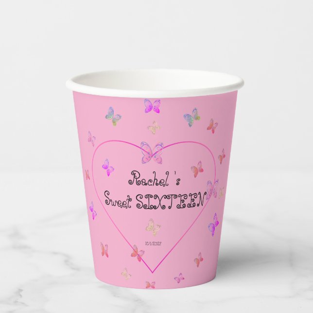 sweet Pink Heart Butterflies Sweet 16 Birthday  Paper Cups (Front)