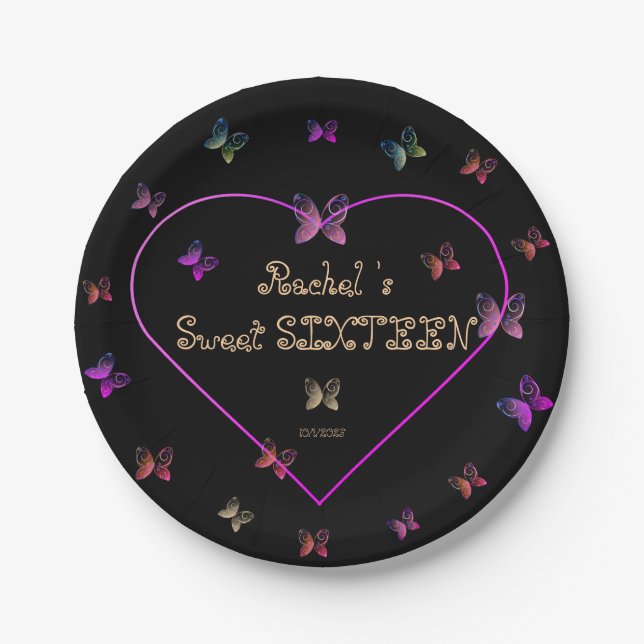 sweet Pink Heart Butterflies Sweet 16 Birthday  Paper Plate (Front)