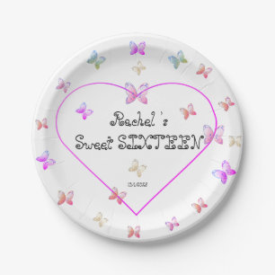 sweet Pink Heart Butterflies Sweet 16 Birthday  Paper Plate