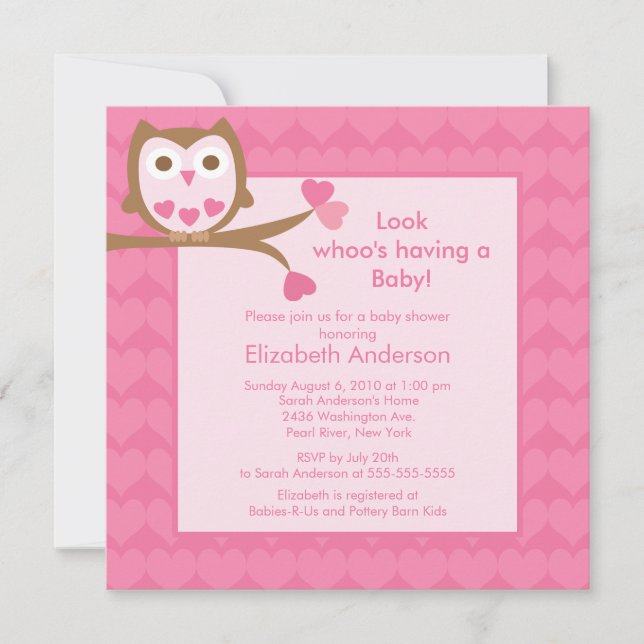 Sweet  Pink Heart Owl Baby Shower Invitation (Front)
