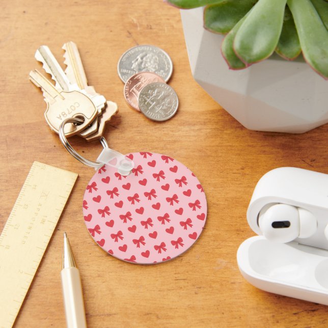 Sweet Pink Hearts & Bows Pattern Key Ring (Desk)