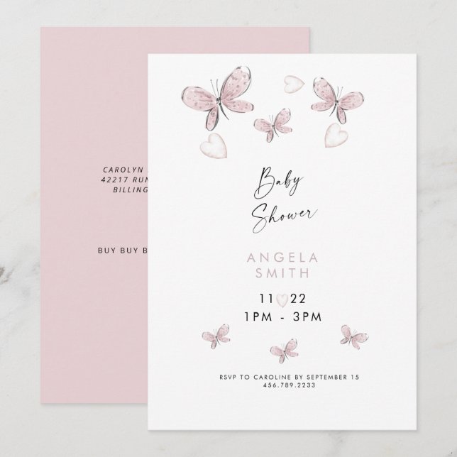 Sweet Pink Hearts & Butterflies II Invitation (Front/Back)