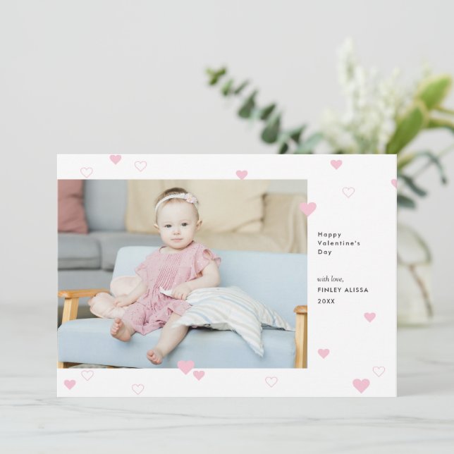 Sweet Pink Hearts Happy Valentine's Day Photo Holiday Card (Standing Front)