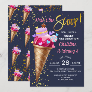 Sweet Pink Ice Cream Birthday Nave Blue Invitation