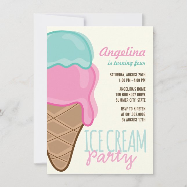 Sweet Pink Ice Cream Girl Birthday Party Invite (Front)