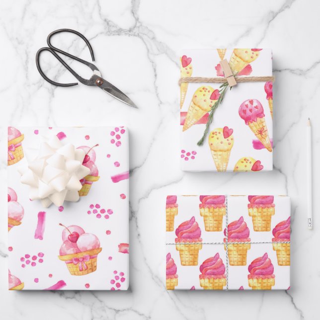 Sweet Pink Ice Cream Wrapping Paper Set of 3 (Front)