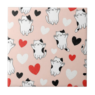 Sweet Pink Kawaii Cats & Hearts Pattern (1) Tile