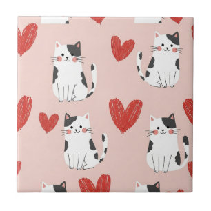 Sweet Pink Kawaii Cats & Hearts Pattern (2) Tile