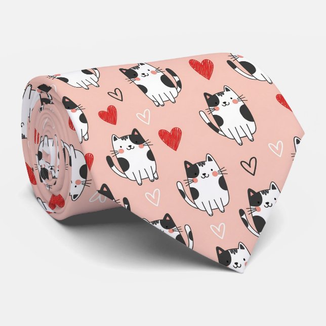 Sweet Pink Kawaii Cats & Hearts Pattern (3) Tie (Rolled)