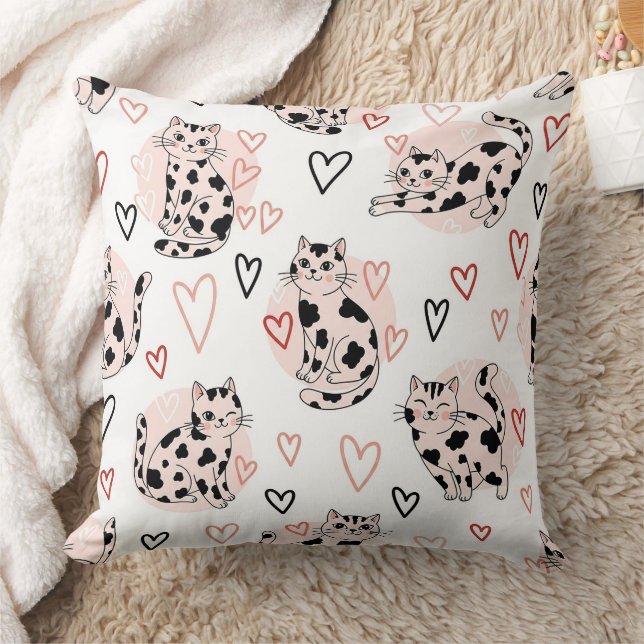 Sweet Pink Kawaii Cats & Hearts Pattern (4) Cushion (Blanket)