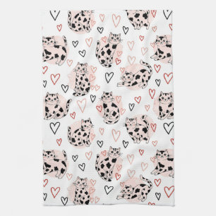 Sweet Pink Kawaii Cats & Hearts Pattern (4) Tea Towel