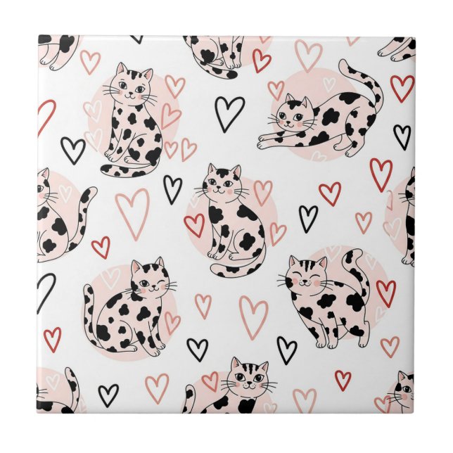 Sweet Pink Kawaii Cats & Hearts Pattern (4) Tile (Front)