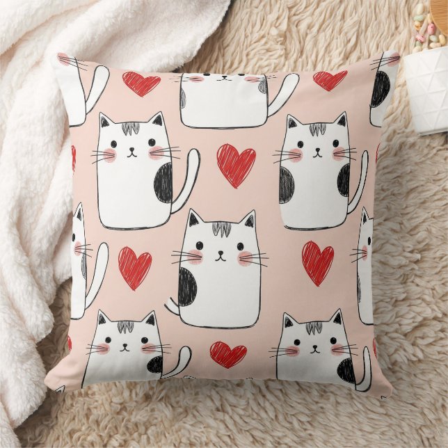 Sweet Pink Kawaii Cats & Hearts Pattern (5) Cushion (Blanket)
