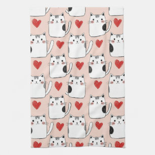 Sweet Pink Kawaii Cats & Hearts Pattern (5) Tea Towel