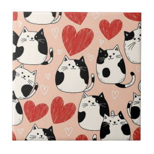 Sweet Pink Kawaii Cats & Hearts Pattern (6) Tile
