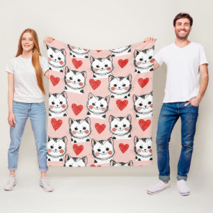 Sweet Pink Kawaii Cats & Hearts Pattern (8) Fleece Blanket