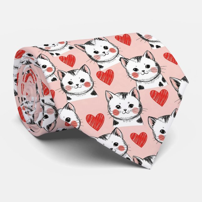 Sweet Pink Kawaii Cats & Hearts Pattern (8) Tie (Rolled)