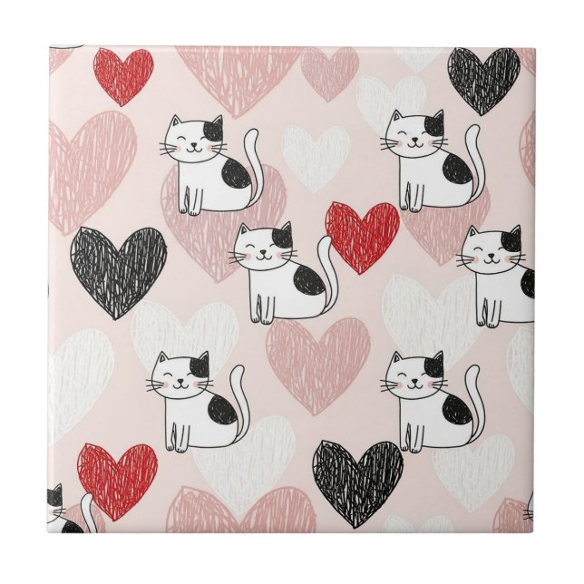 Sweet Pink Kawaii Cats & Hearts Pattern (9) Tile (Front)