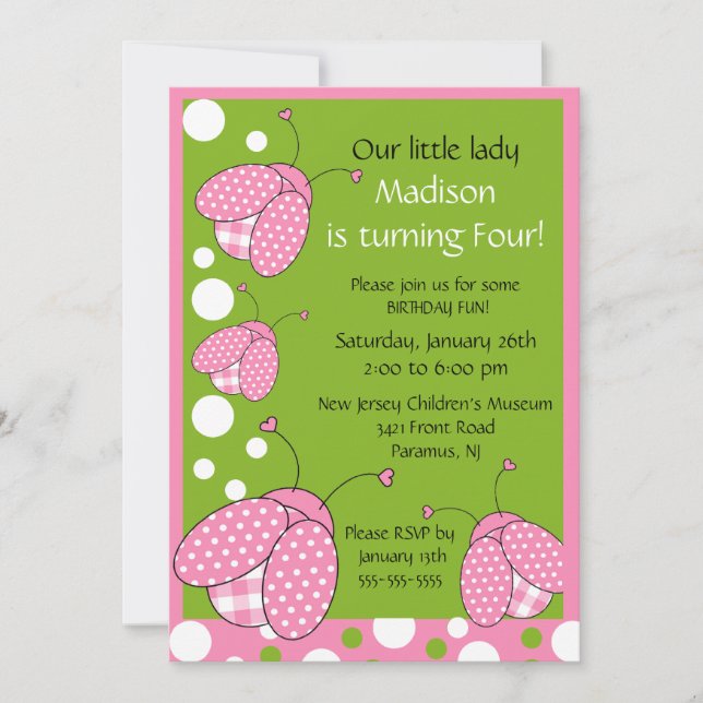 Sweet Pink Ladybug Birthday Invitation (Front)
