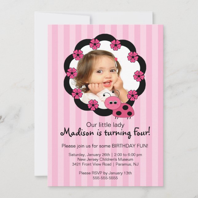 Sweet Pink Ladybug Photo Birthday Invitation (Front)