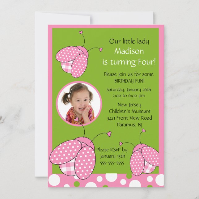 Sweet Pink Ladybug Photo Birthday Invitation (Front)